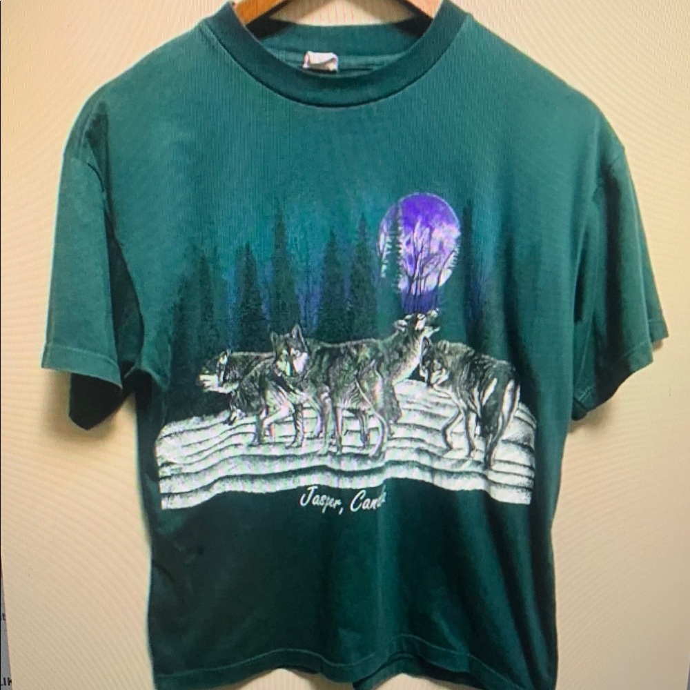 Green Graphic Tee with Wolves